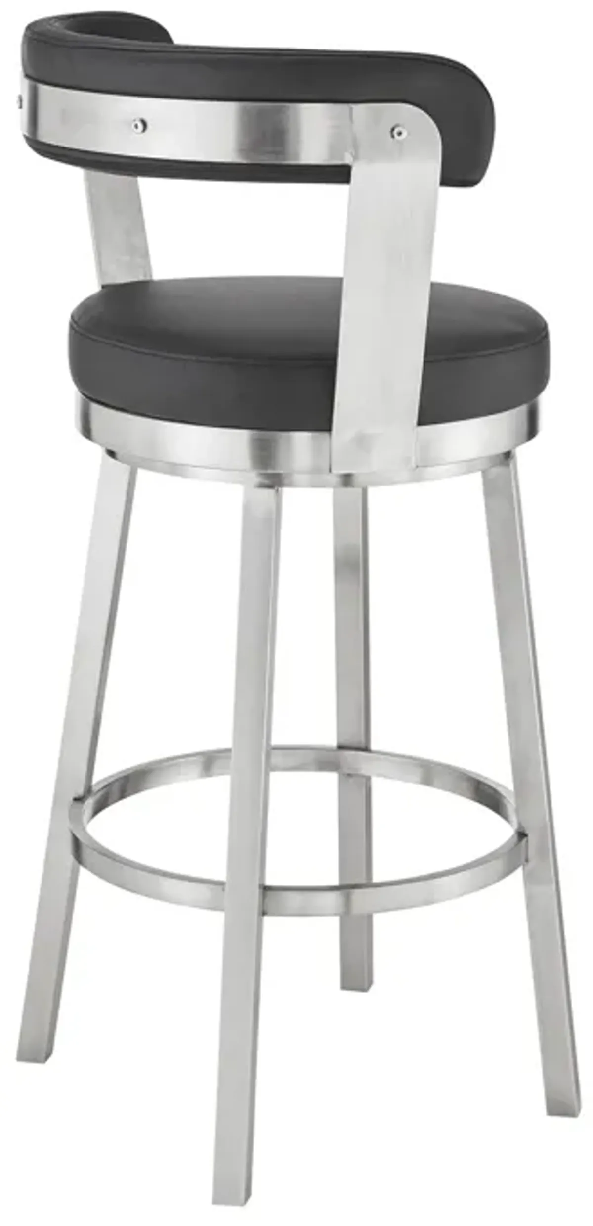 Kobe 30" Bar Height Swivel Bar Stool in Brushed Stainless Steel Finish and Black Faux Leather