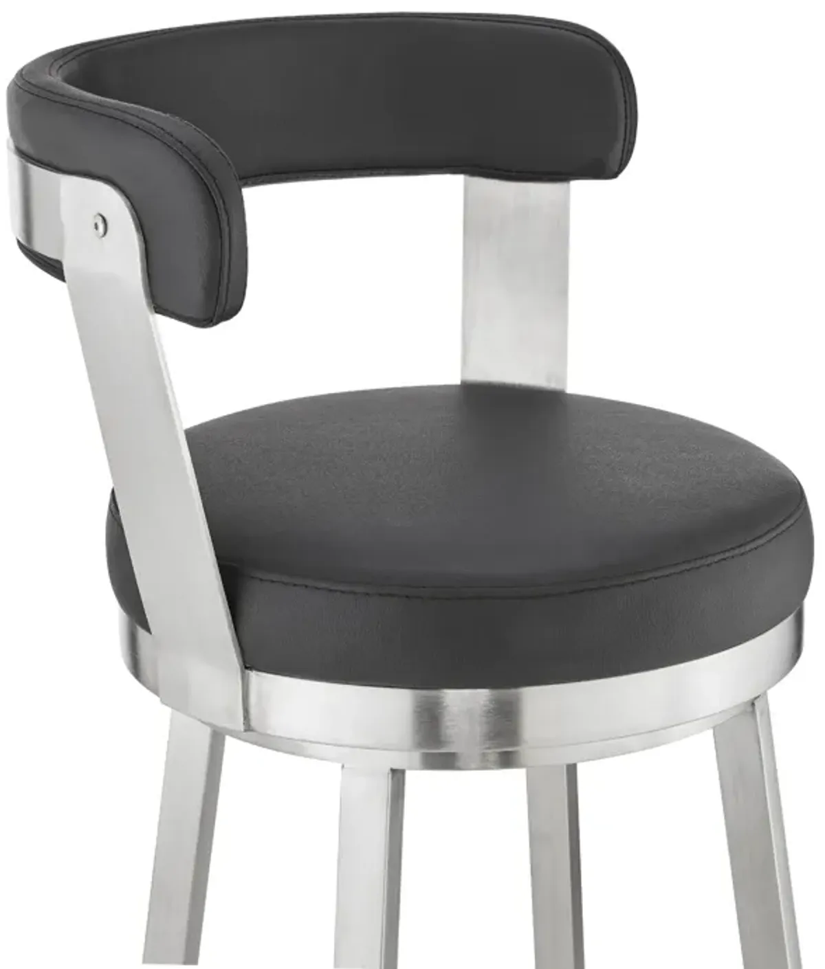 Kobe 30" Bar Height Swivel Bar Stool in Brushed Stainless Steel Finish and Black Faux Leather