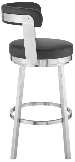 Kobe 30" Bar Height Swivel Bar Stool in Brushed Stainless Steel Finish and Black Faux Leather