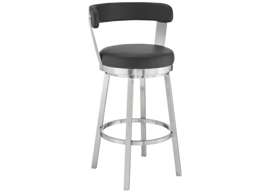 Kobe 30" Bar Height Swivel Bar Stool in Brushed Stainless Steel Finish and Black Faux Leather