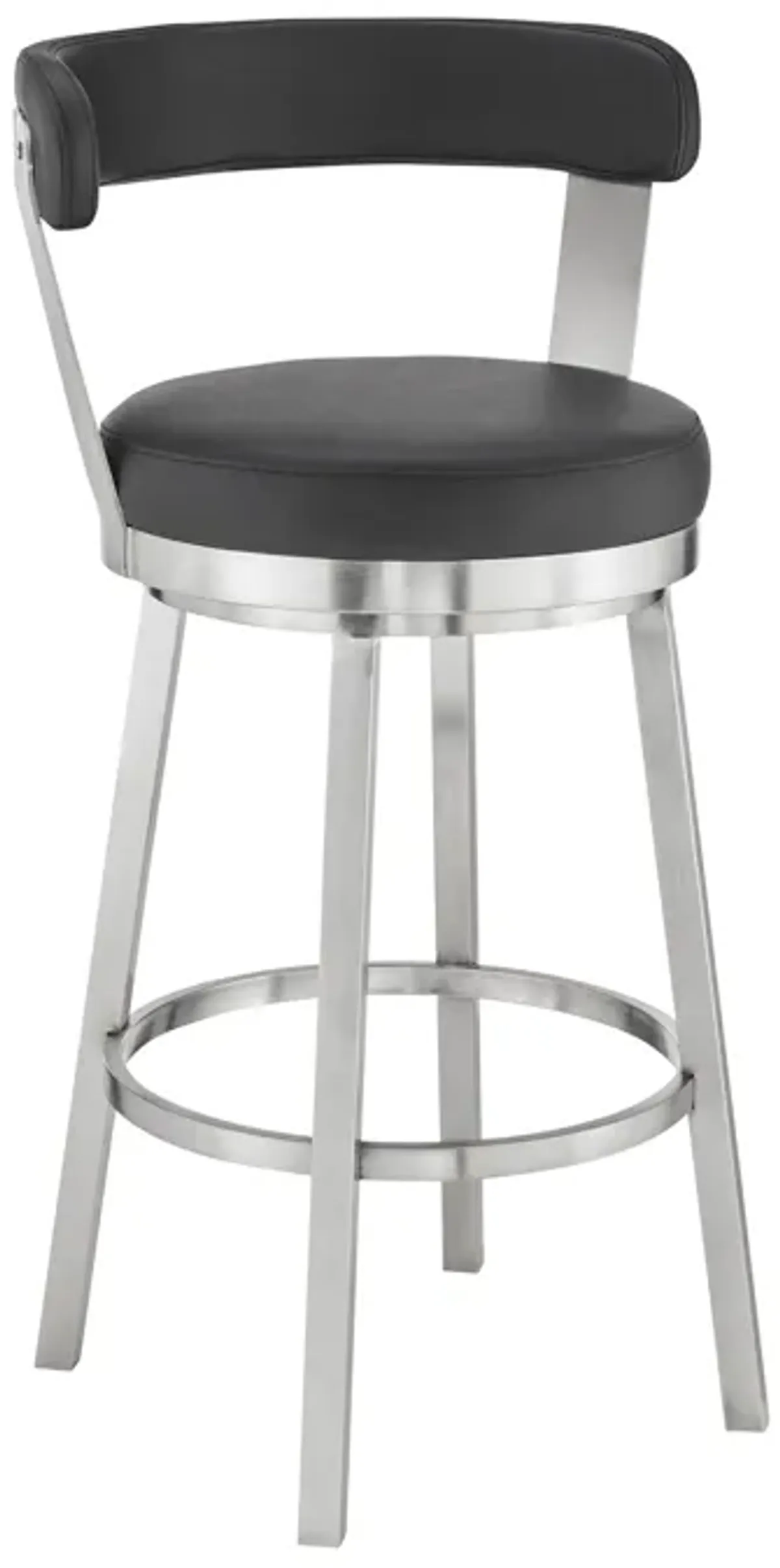 Kobe 30" Bar Height Swivel Bar Stool in Brushed Stainless Steel Finish and Black Faux Leather