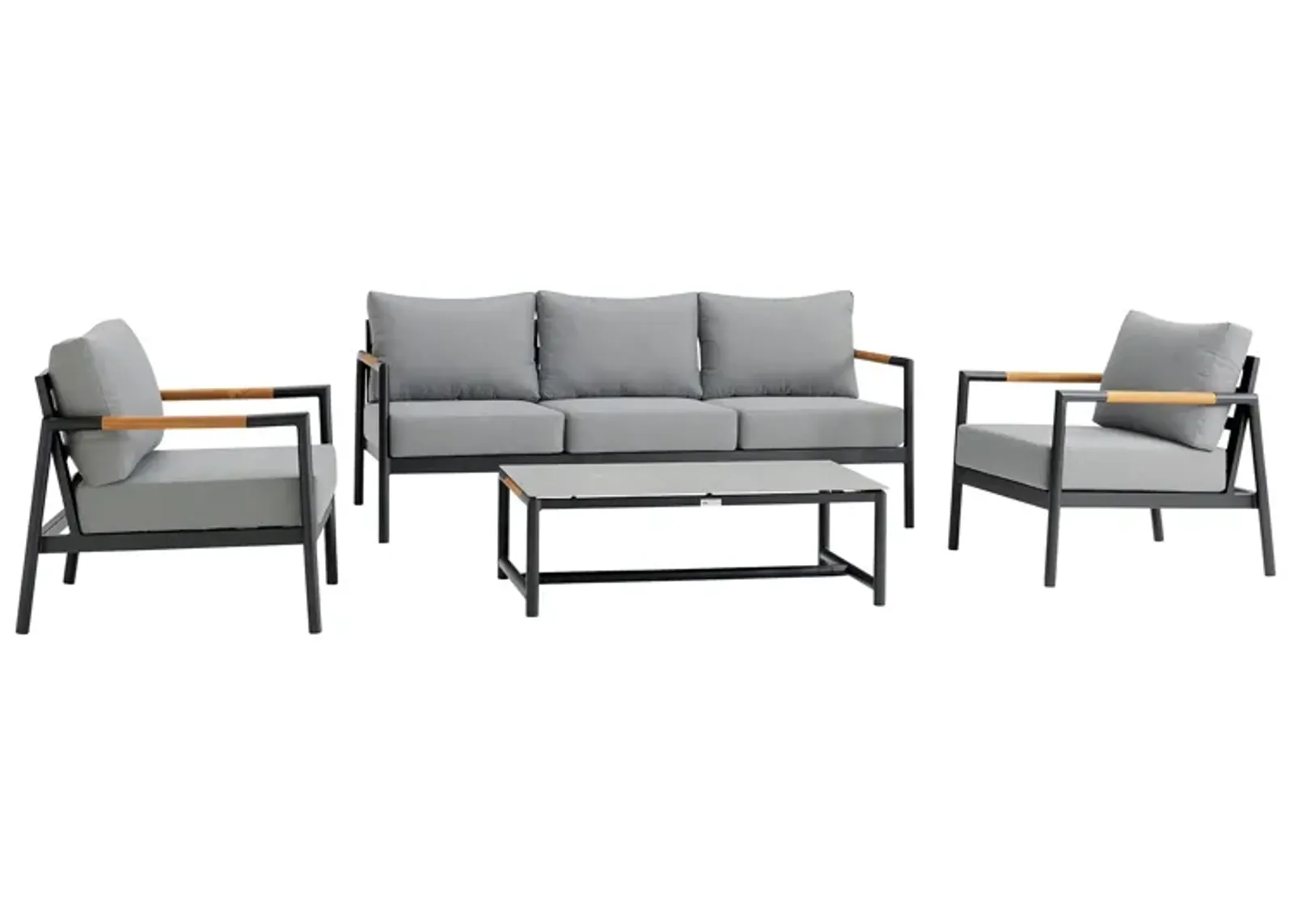 Royal 4 Piece Black Aluminum and Teak Outdoor Seating Set with Dark Gray Cushions