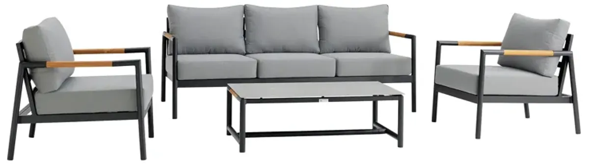 Royal 4 Piece Black Aluminum and Teak Outdoor Seating Set with Dark Gray Cushions