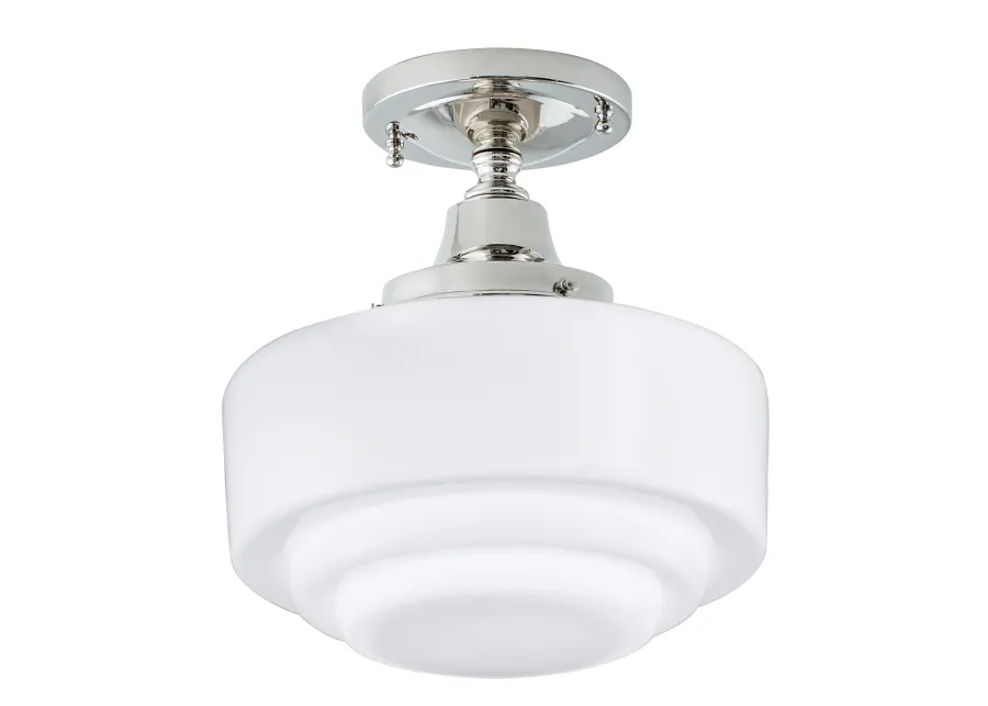 Schoolhouse Flush Mount Light - Polished Nickel with Stepped Glass