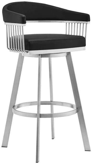 Bronson 25" Black Faux Leather and Brushed Stainless Steel Swivel Bar Stool