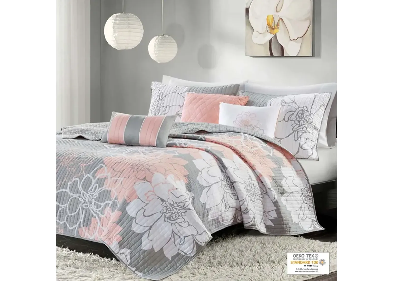 Madison Park Lola Grey/Peach 6 Piece Printed Cotton Quilt Set with Throw Pillows