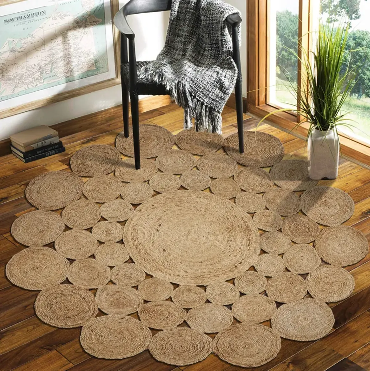 Nature Contemporary Geometric Organic Jute Indoor Round Area Rug 4'