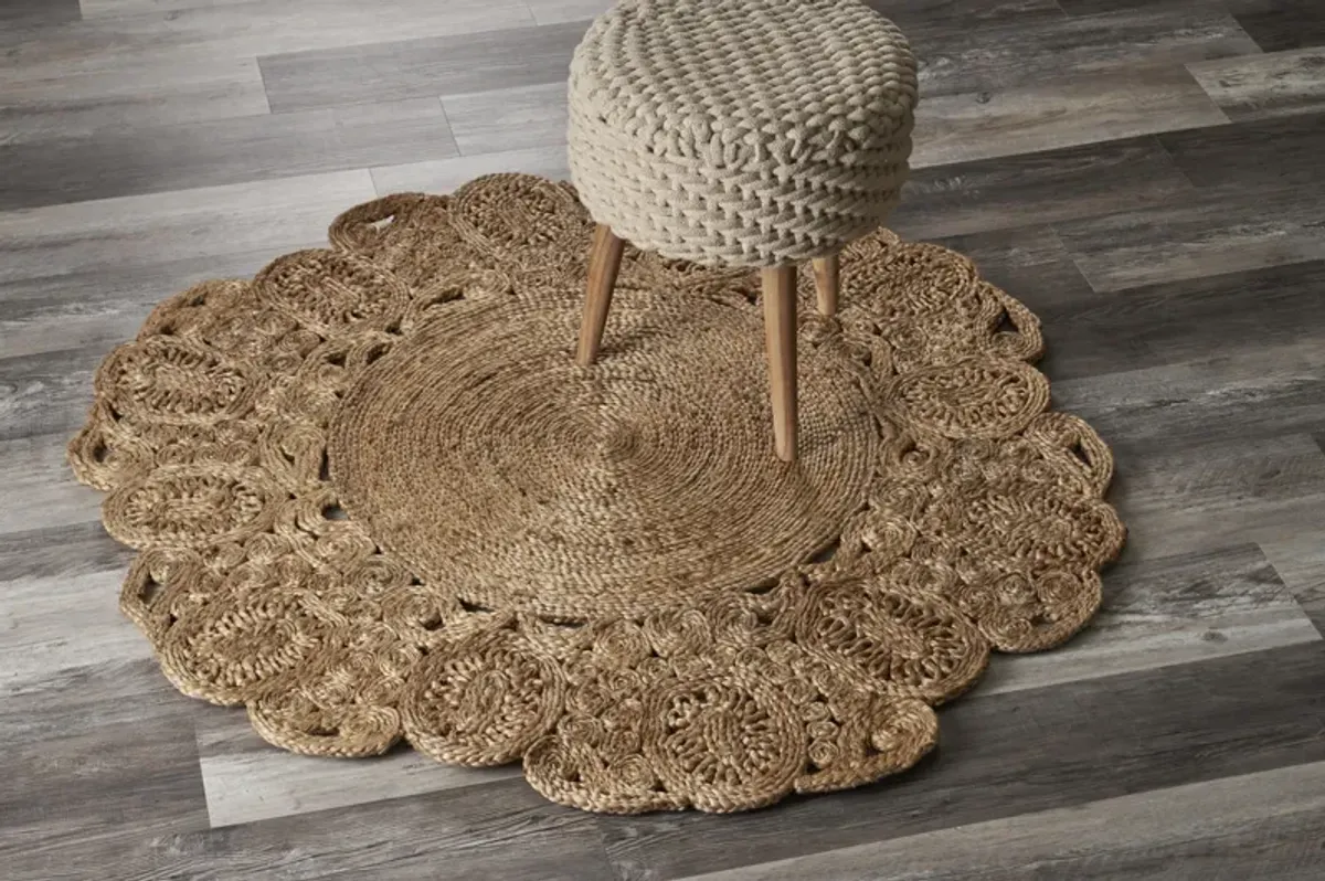 Nature Eclectic Floral Organic Jute Indoor Round Area Rug 6'