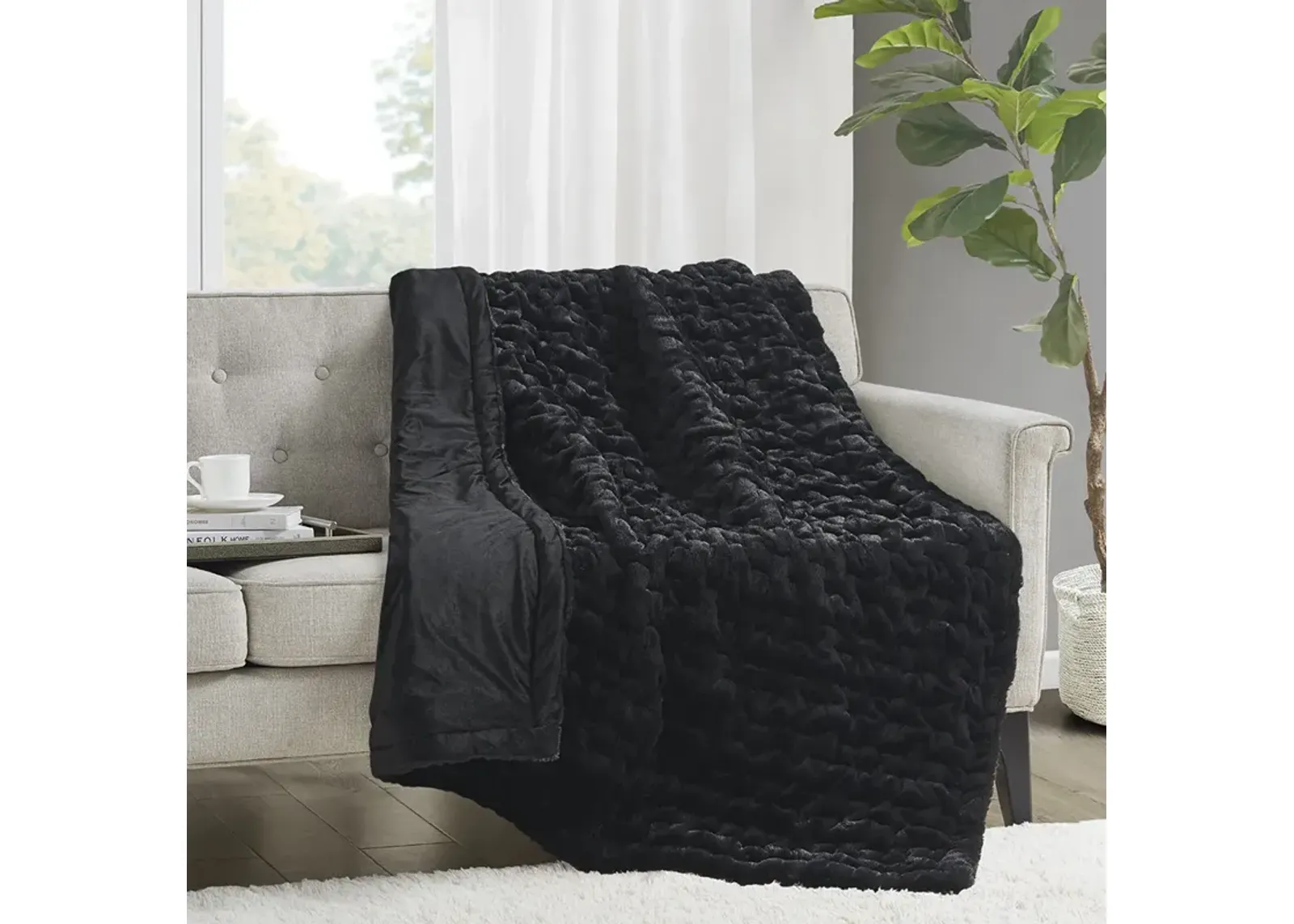 Madison Park Ruched Fur Black Throw