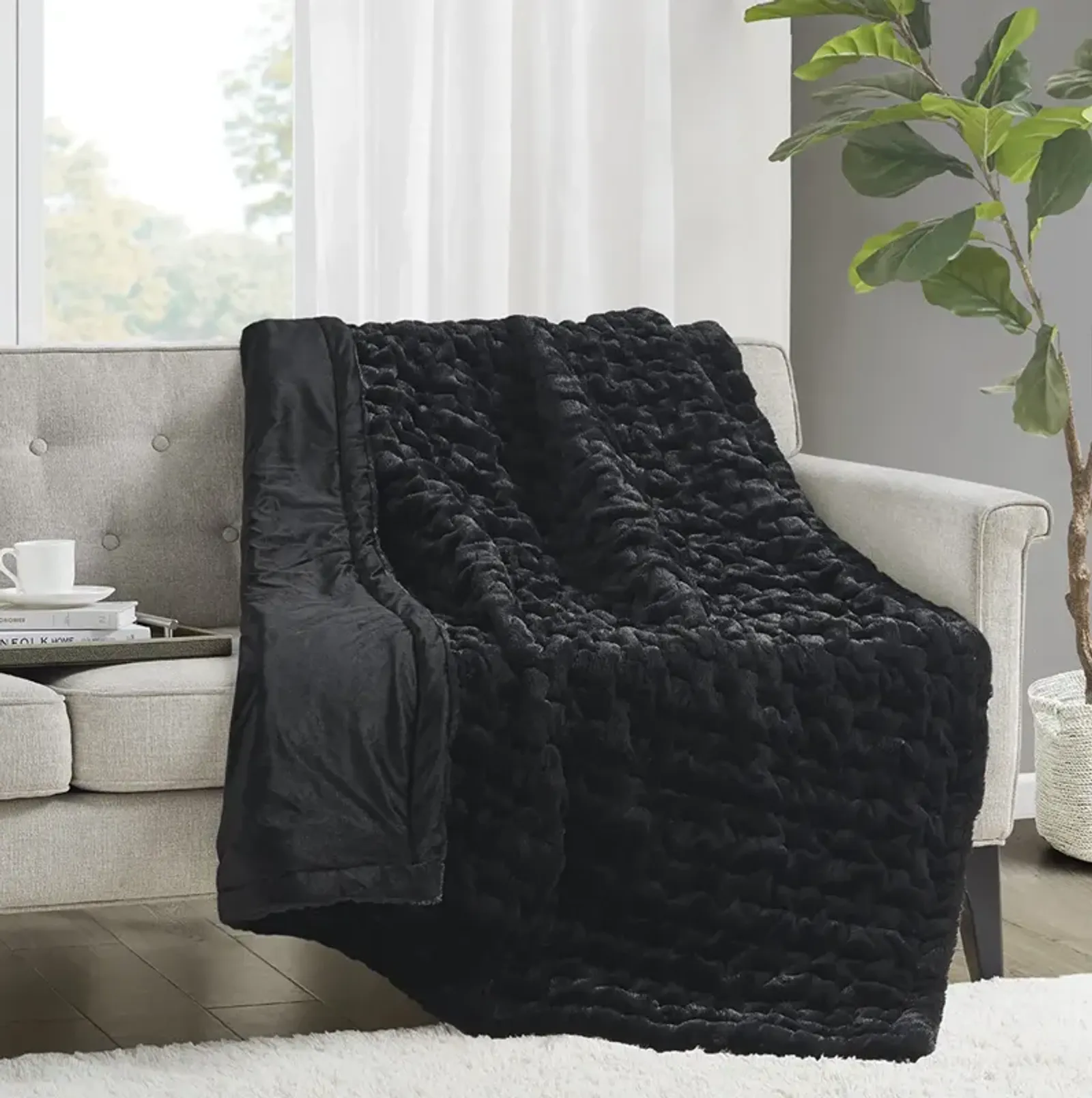 Madison Park Ruched Fur Black Throw