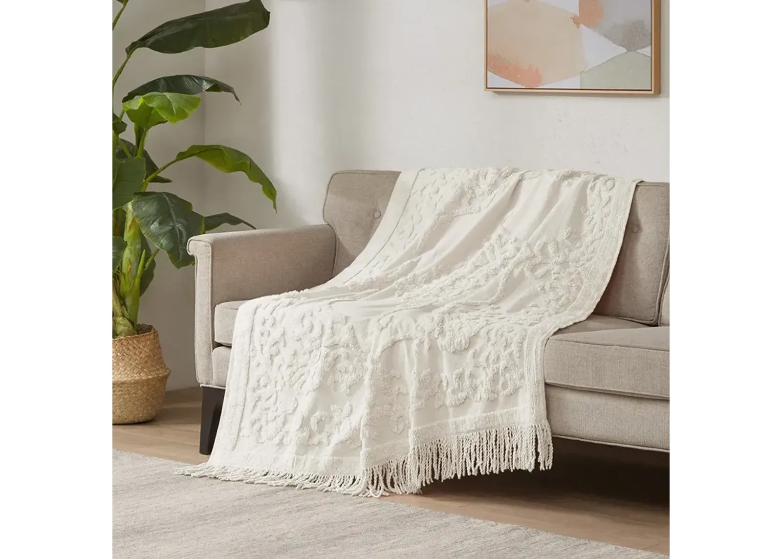 Madison Park Chloe Ivory 100% Cotton Tufted Chenille Lightweight Throw With Fringe Tassel 50" x 60"