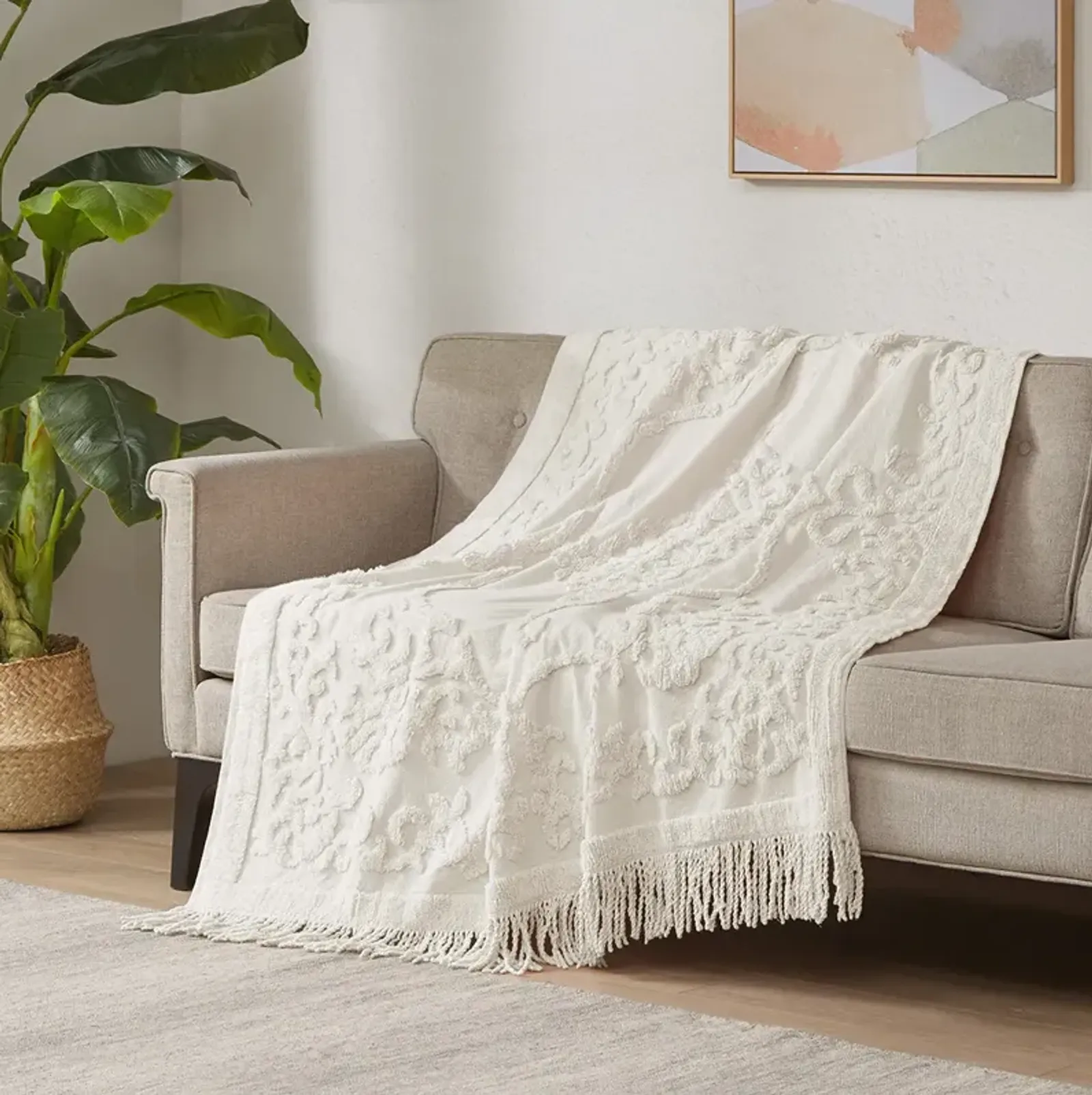 Madison Park Chloe Ivory 100% Cotton Tufted Chenille Lightweight Throw With Fringe Tassel 50" x 60"