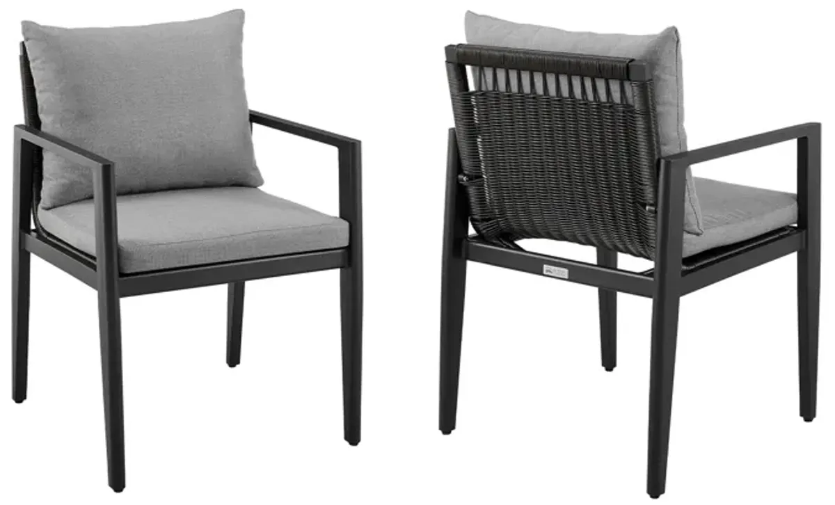 Grand Outdoor Patio Dining Chairs with Arms in Aluminum with Gray Cushions - Set of 2