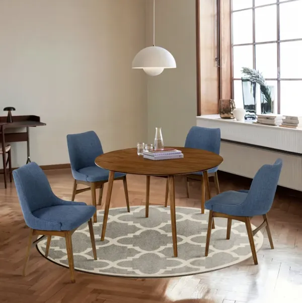 Arcadia and Azalea 48" Round Blue and Walnut Wood 5 Piece Dining Set
