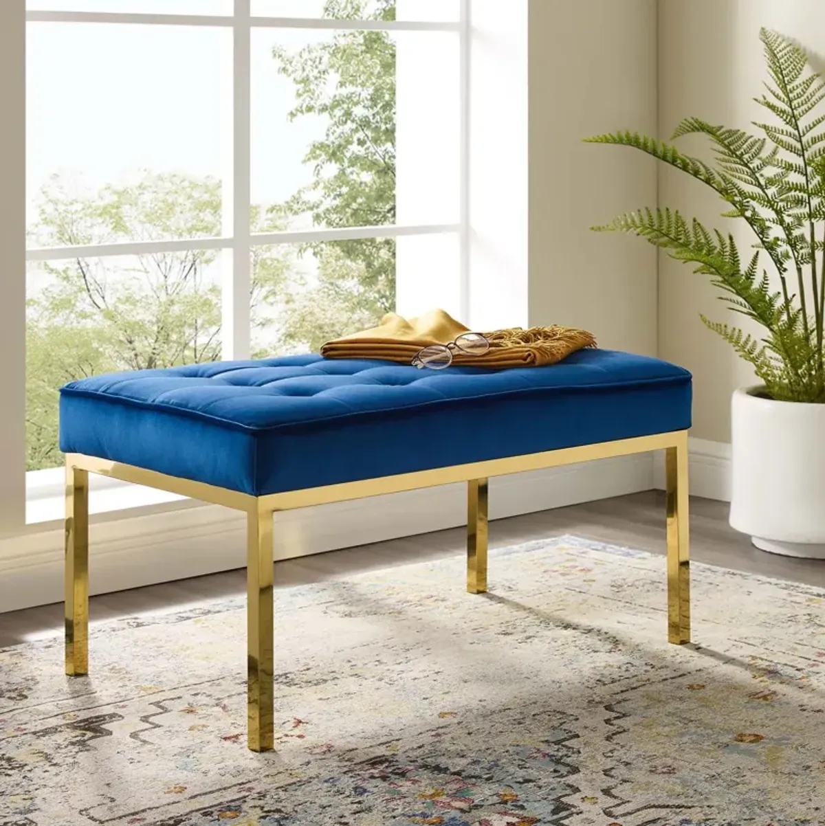 Loft Gold Stainless Steel Leg Medium Performance Velvet Bench