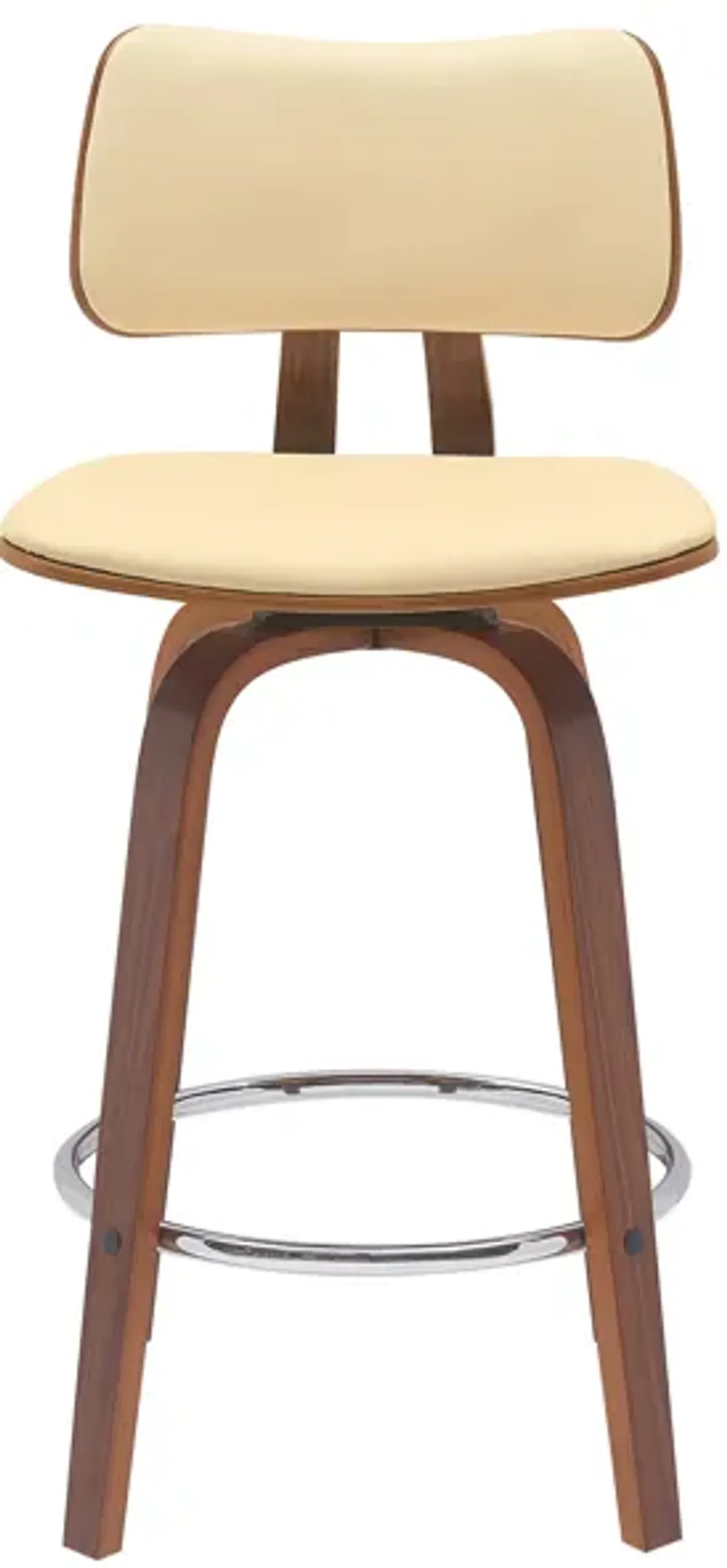 Pico 26" Swivel Walnut Wood Counter Stool in Cream Faux Leather with Chrome