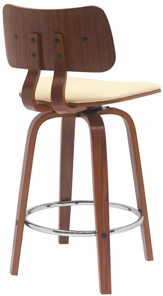 Pico 26" Swivel Walnut Wood Counter Stool in Cream Faux Leather with Chrome