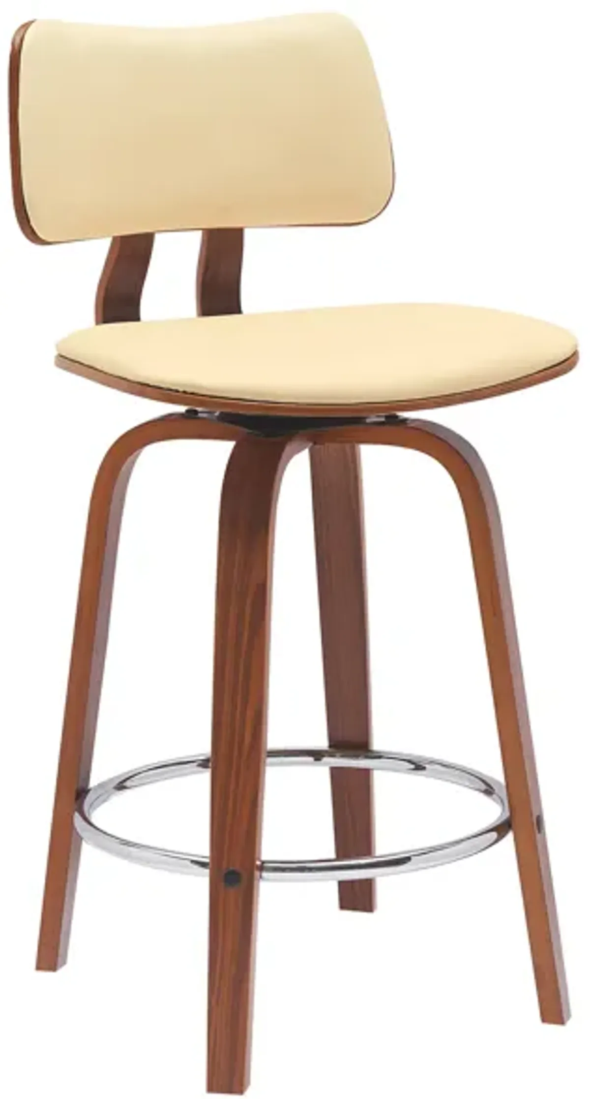 Pico 26" Swivel Walnut Wood Counter Stool in Cream Faux Leather with Chrome