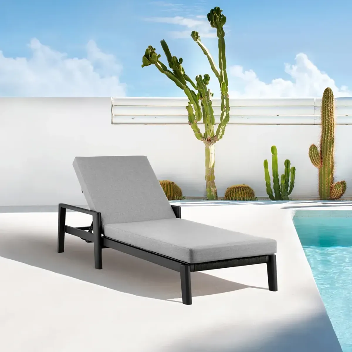 Cayman Outdoor Patio Adjustable Chaise Lounge Chair in Aluminum with Grey Cushions