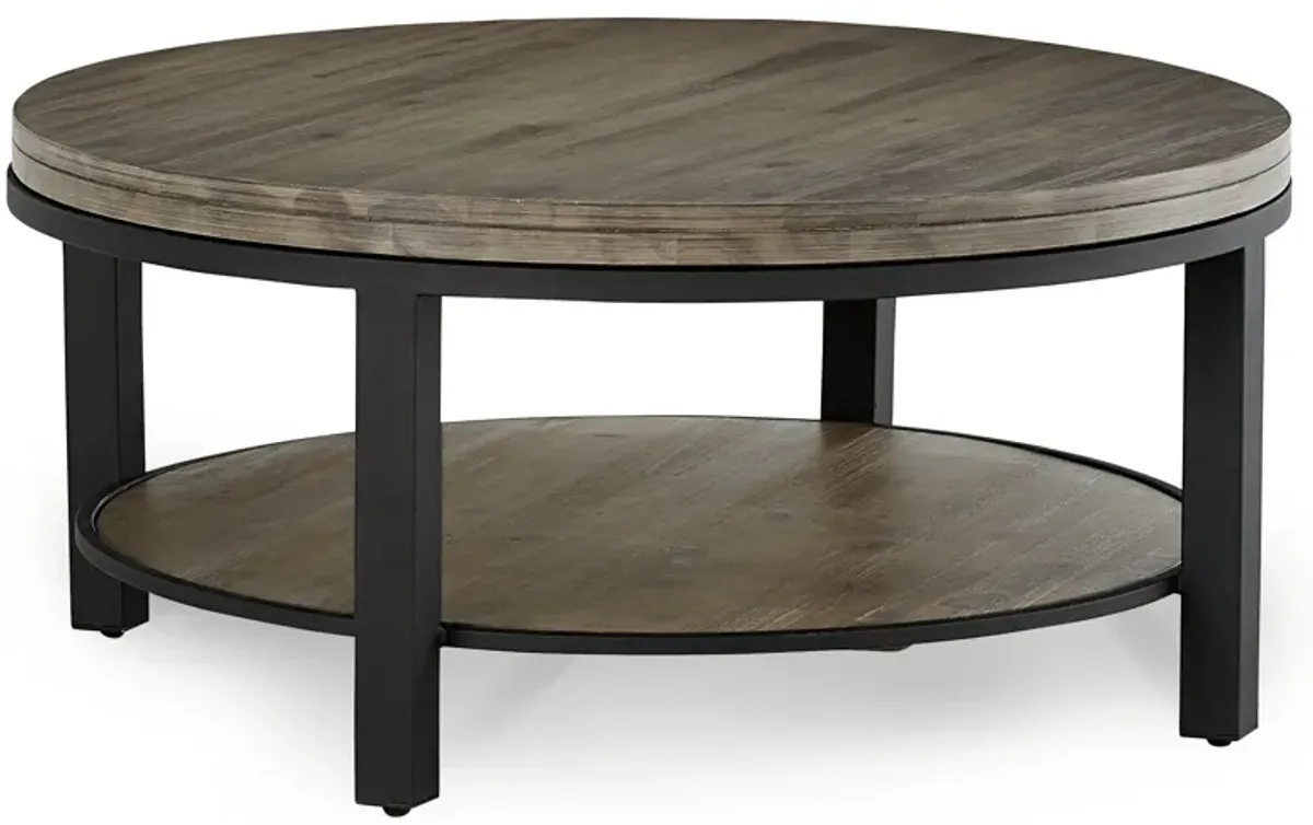 Canyon Solid Wood and Metal Round Coffee Table in Washed Grey