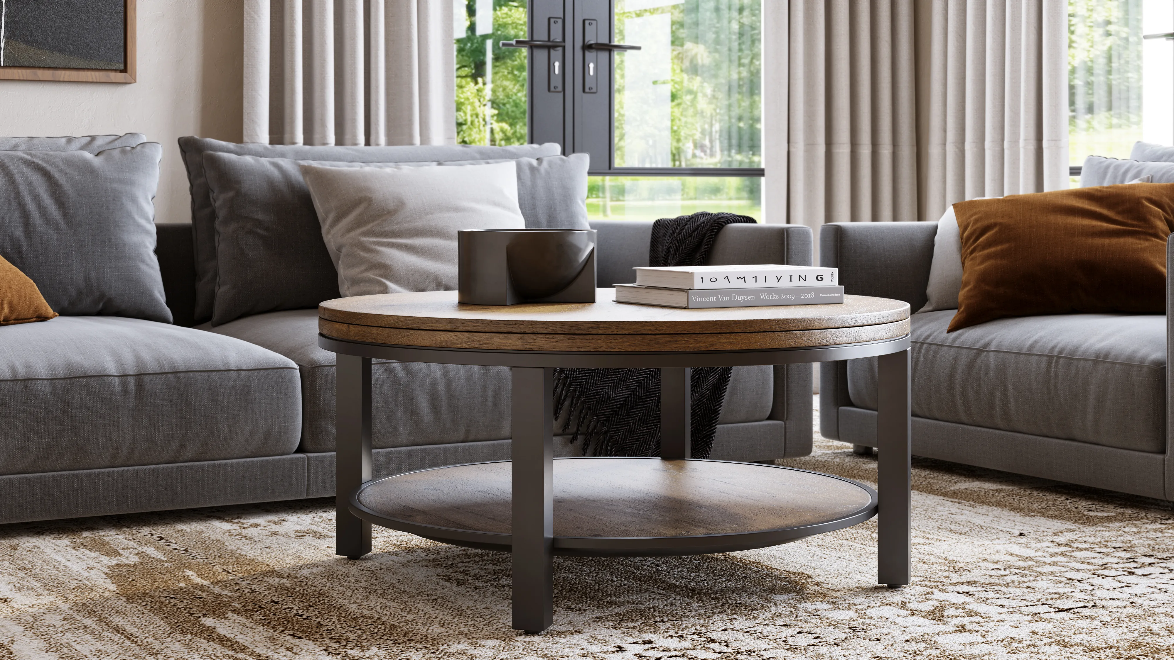 Canyon Solid Wood and Metal Round Coffee Table in Washed Grey