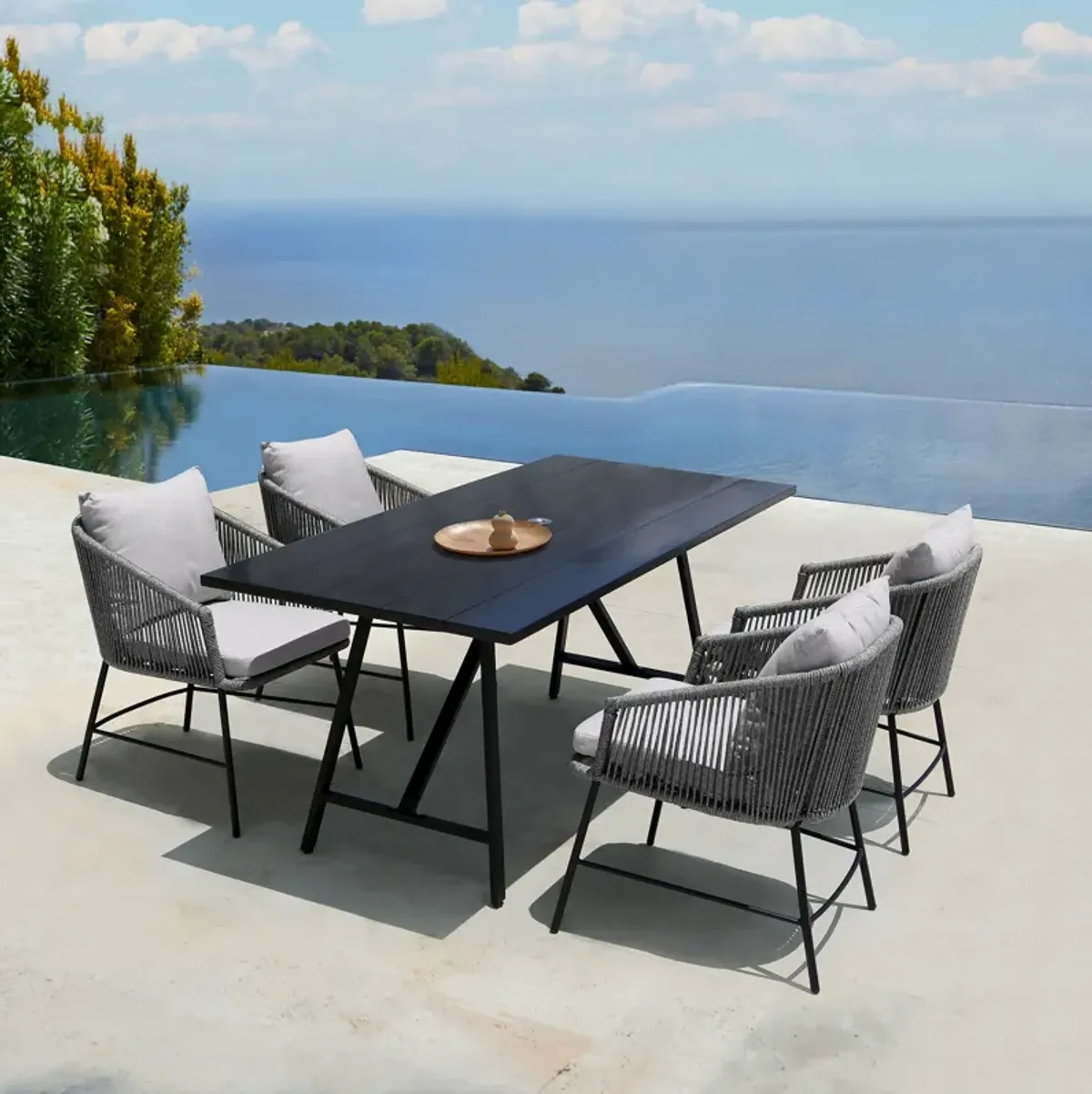 Koala and Calica 5 Piece Dining Set in Dark Eucalyptus and Metal with Gray Rope