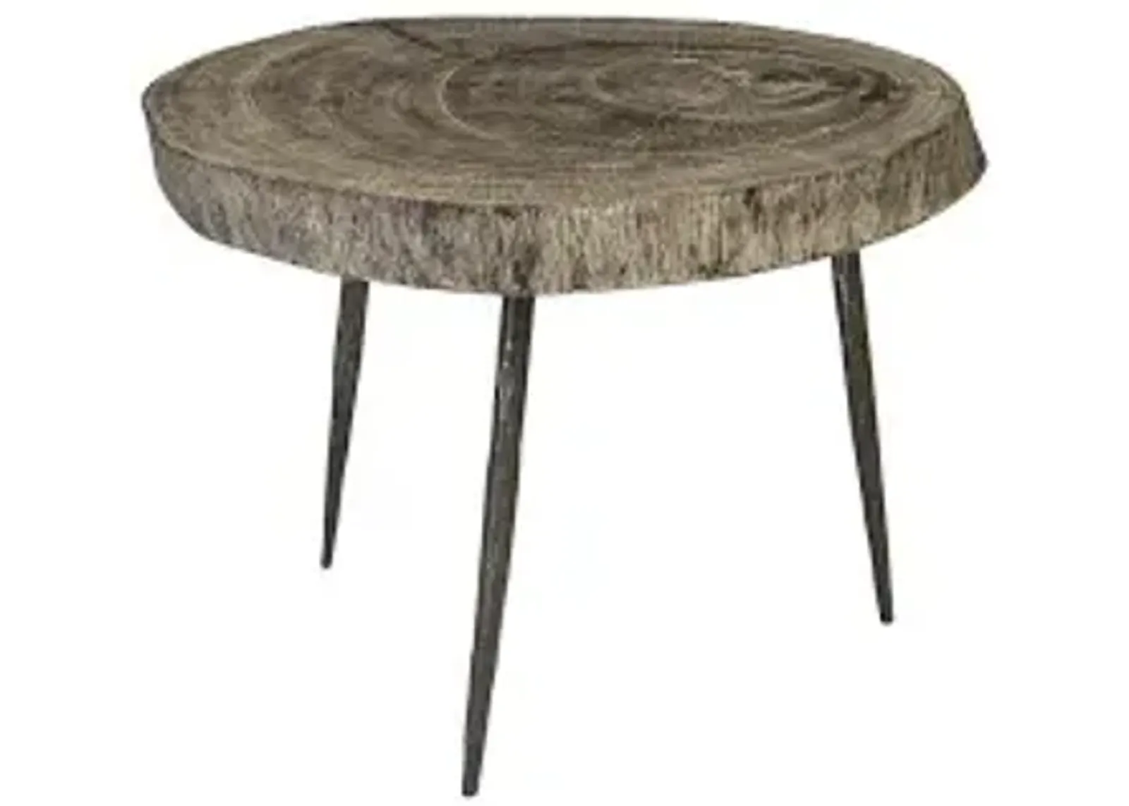 crosscut side table, gray stone, forged legs