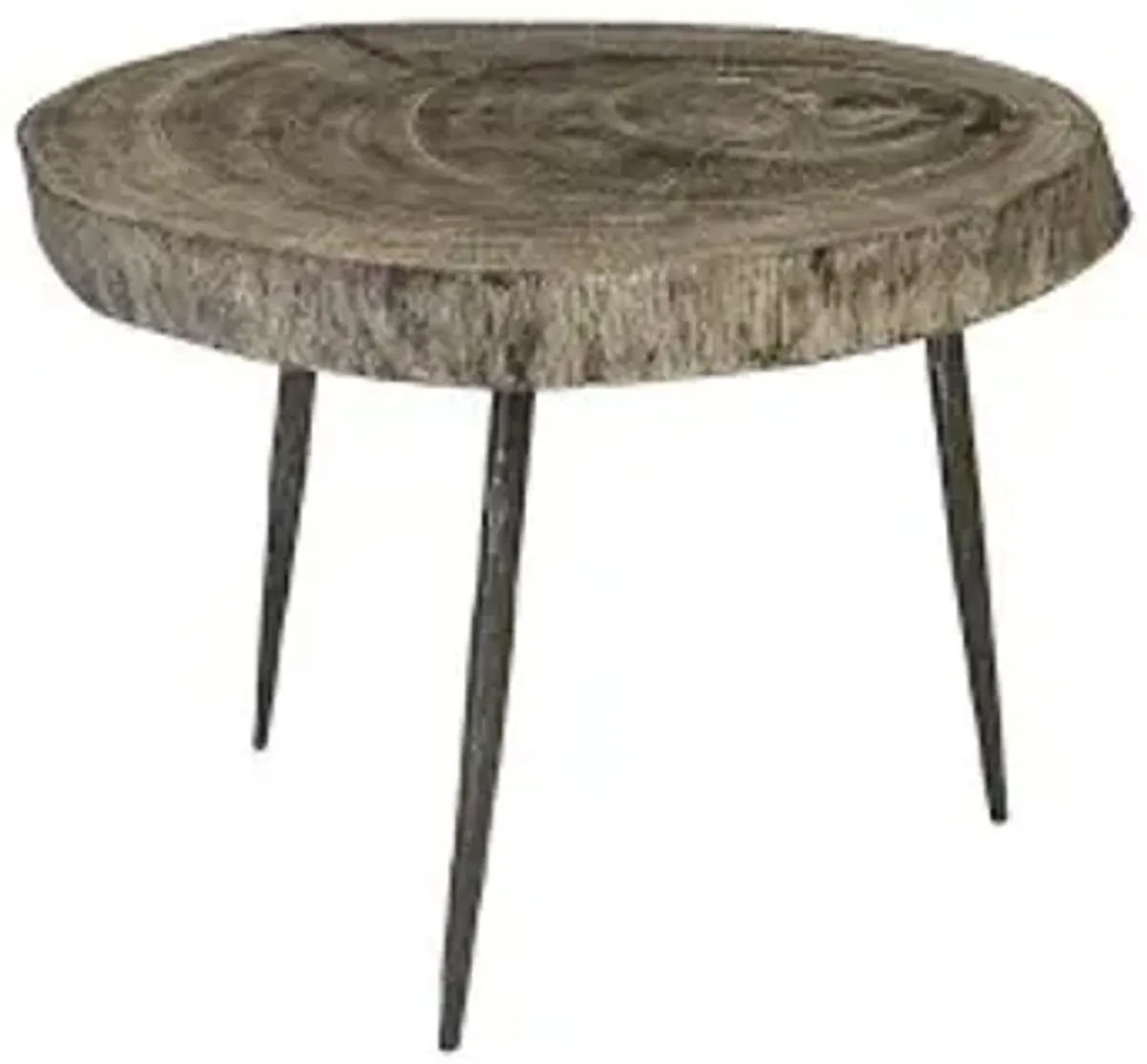 crosscut side table, gray stone, forged legs