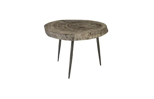 crosscut side table, gray stone, forged legs