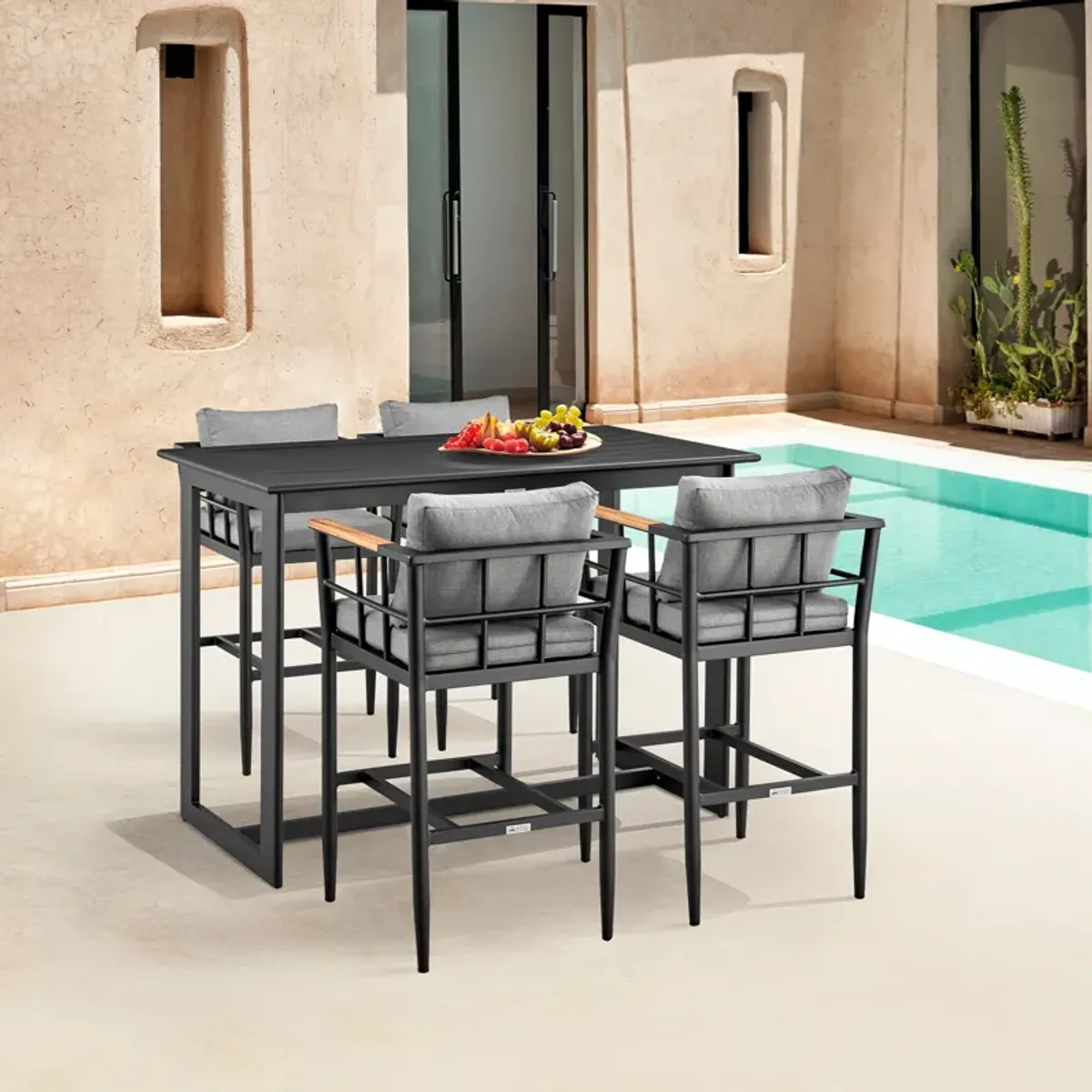 Orlando Outdoor Patio 5-Piece Bar Table Set in Aluminum with Grey Cushions