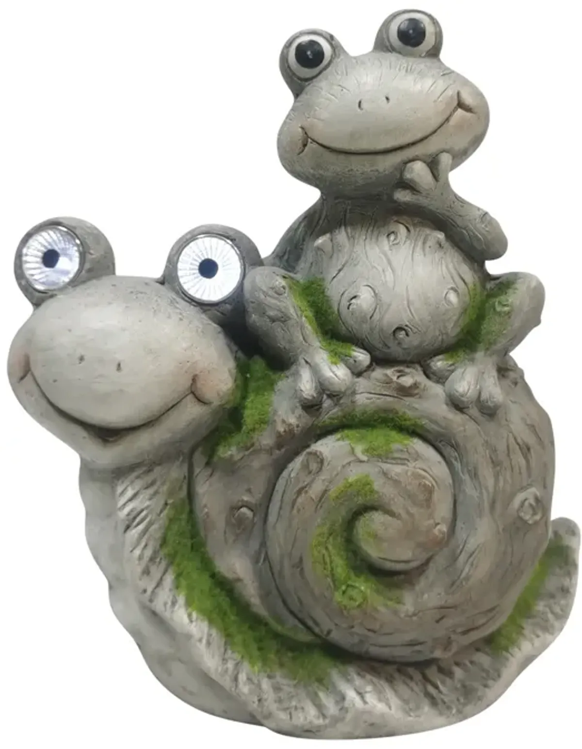 14" Frog Sitting On Snail With Solar Eyes, Grey