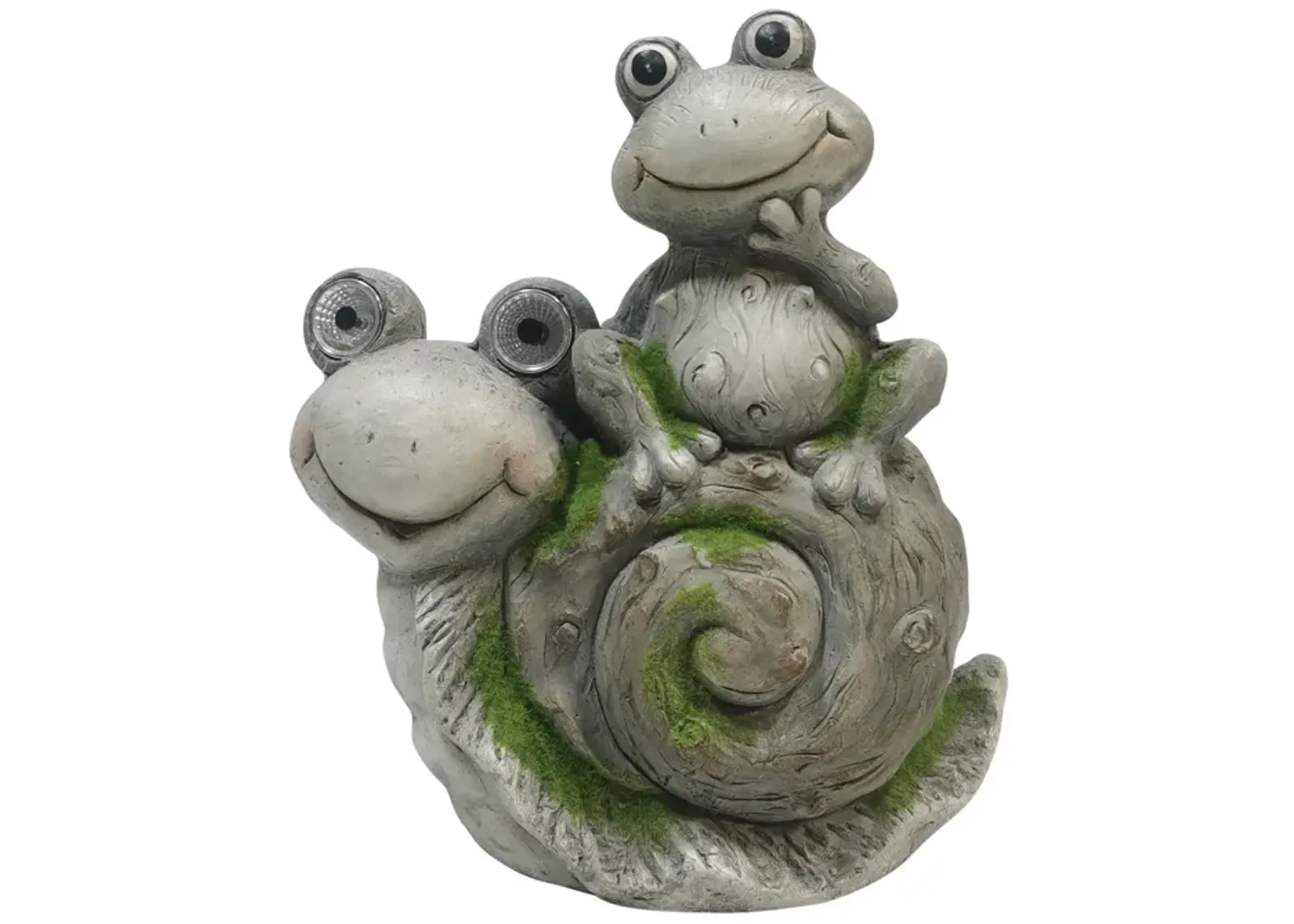 14" Frog Sitting On Snail With Solar Eyes, Grey