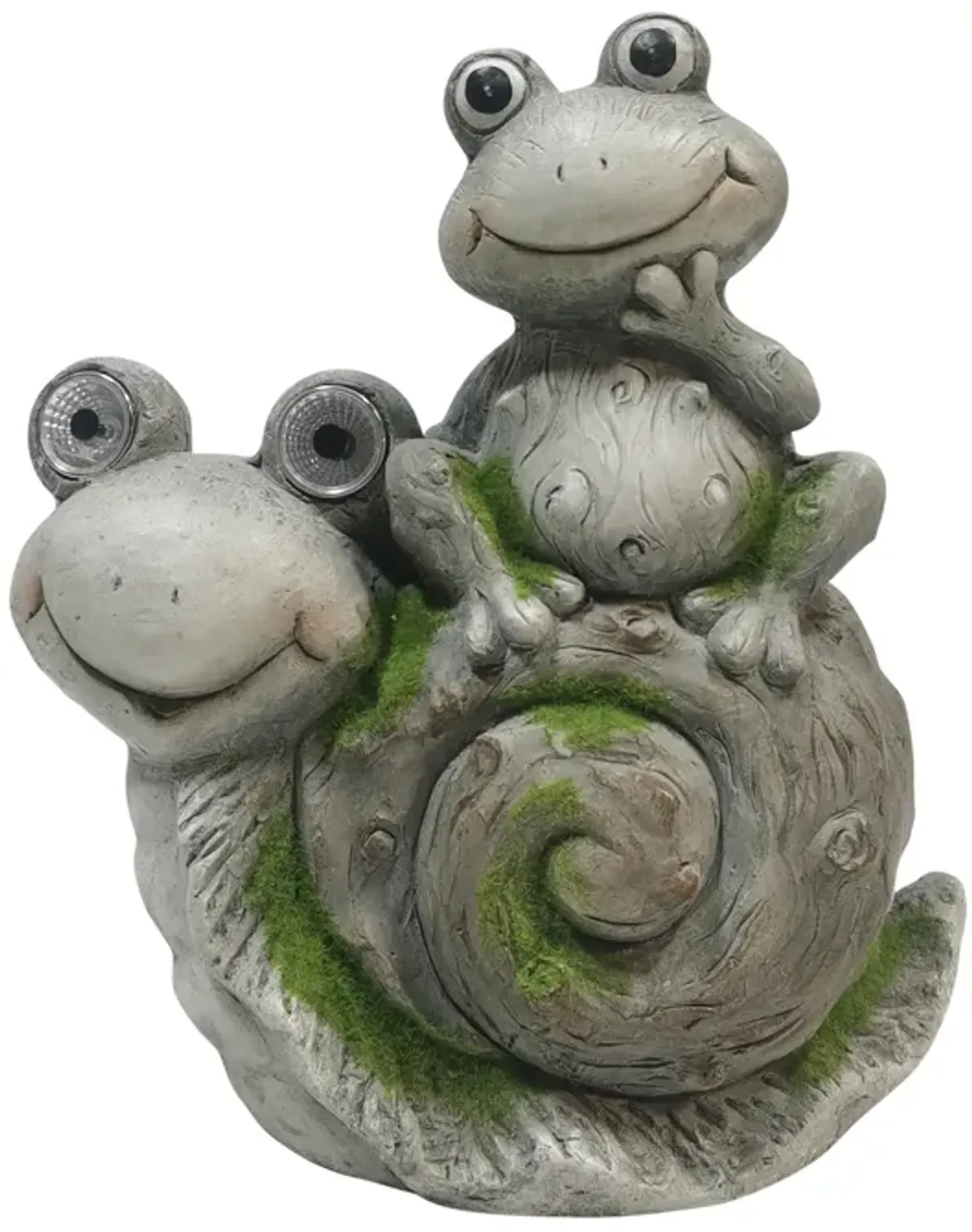 14" Frog Sitting On Snail With Solar Eyes, Grey