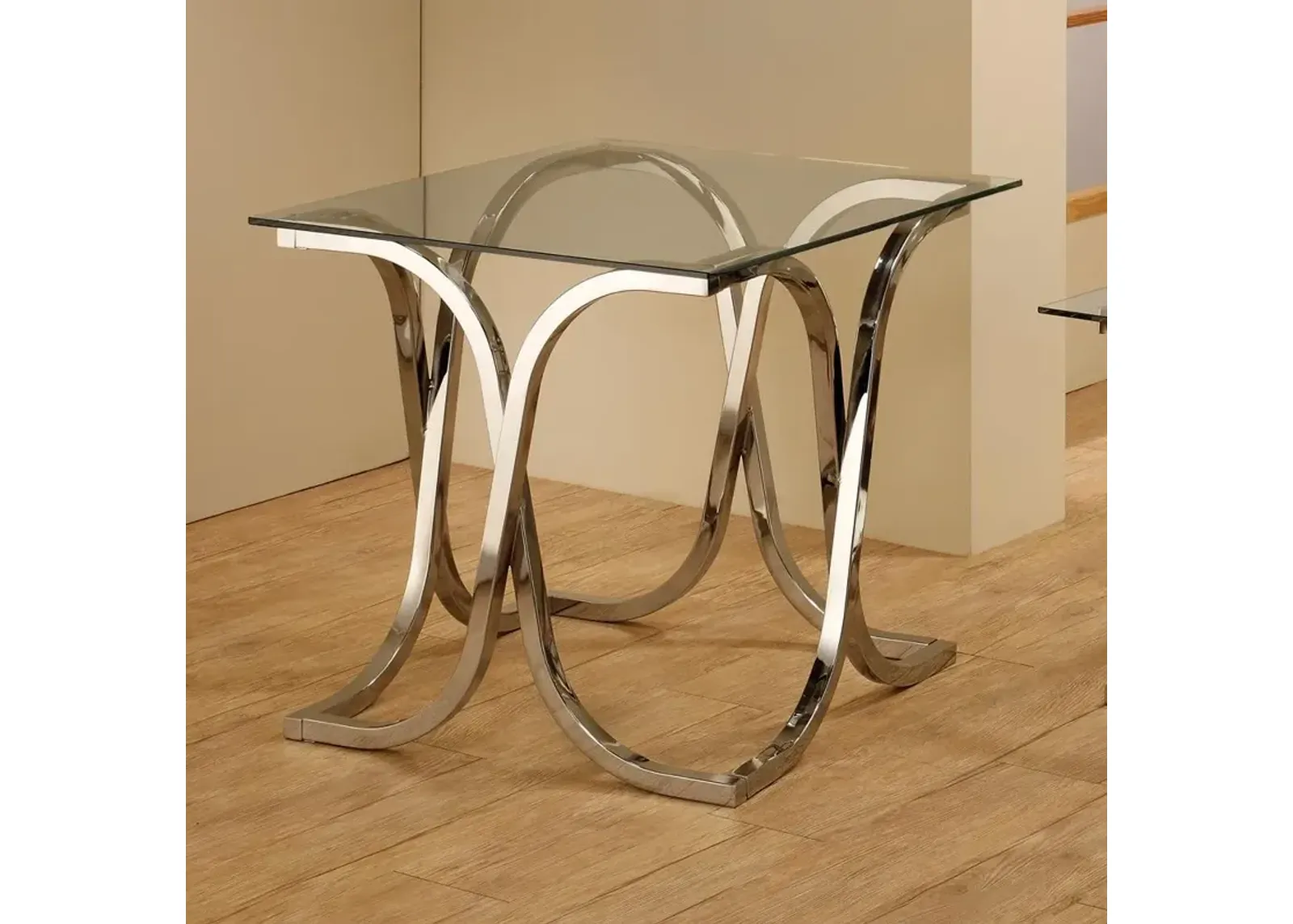 Tess Curved X-shaped End Table Nickel and Clear