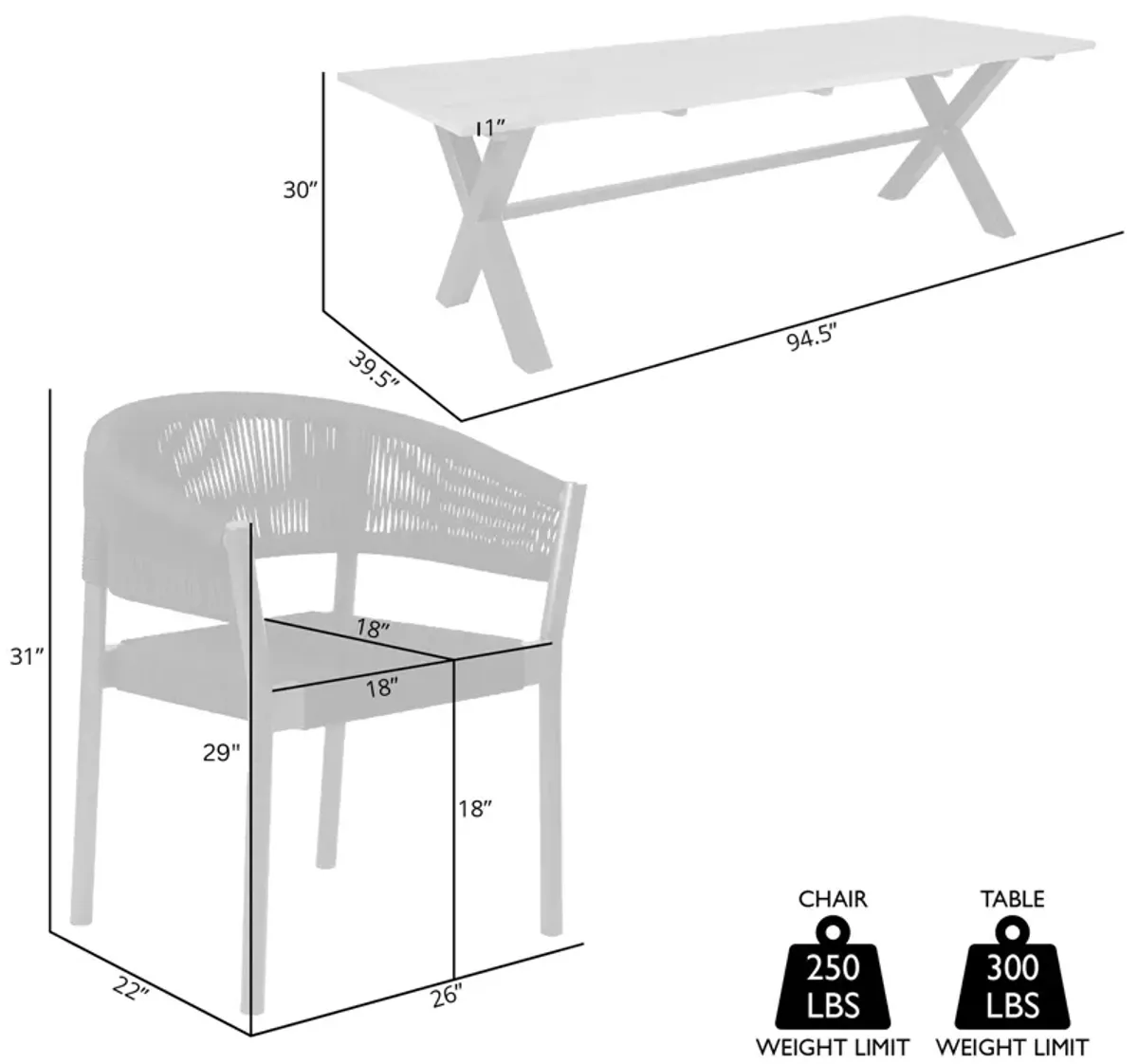 Glendora Doris Outdoor Patio 7 Piece Live Edge Dining Set in Eucalyptus Wood and Black Rope