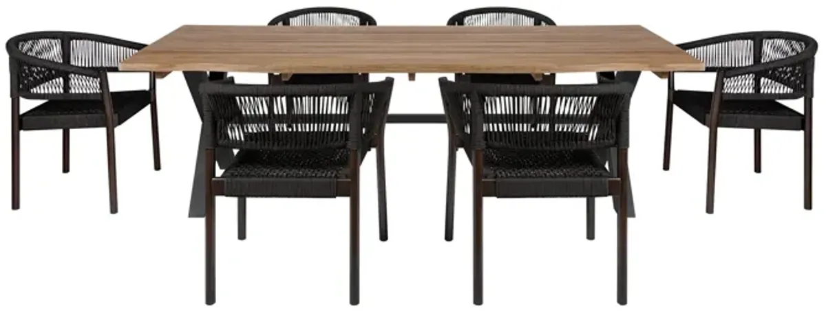 Glendora Doris Outdoor Patio 7 Piece Live Edge Dining Set in Eucalyptus Wood and Black Rope