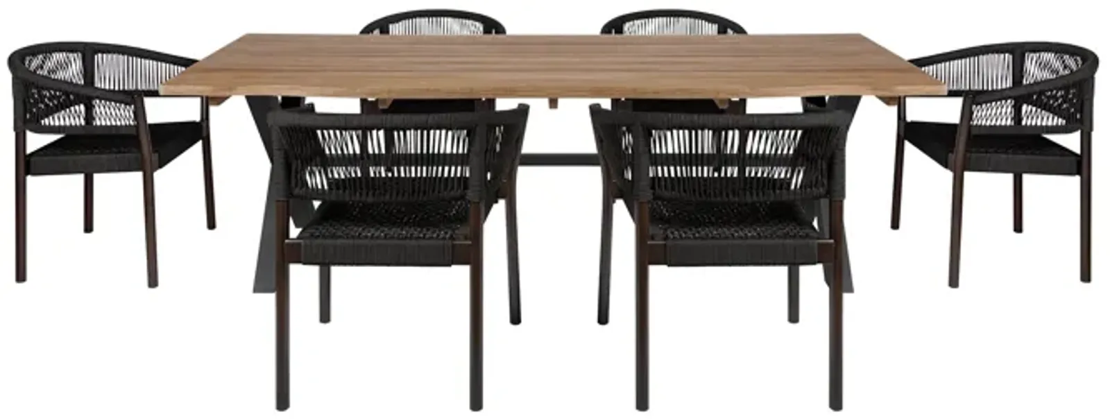 Glendora Doris Outdoor Patio 7 Piece Live Edge Dining Set in Eucalyptus Wood and Black Rope