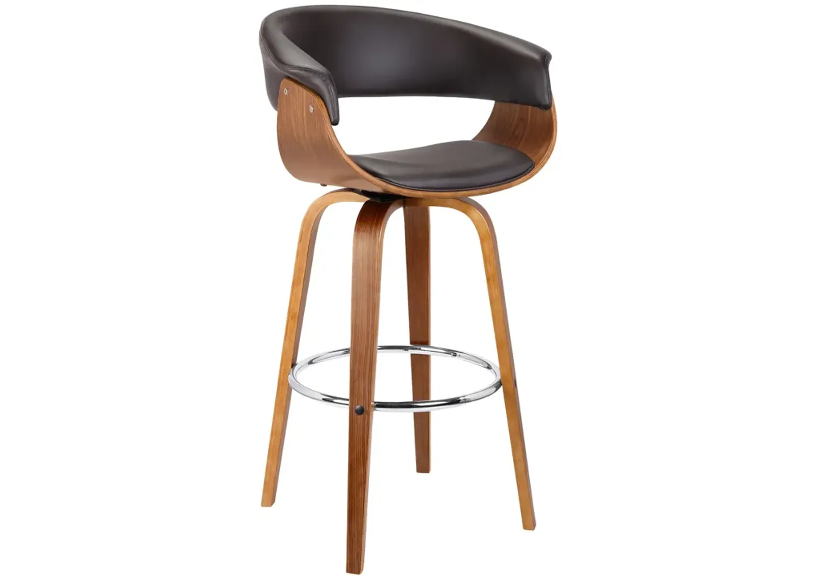 Julyssa 30" Bar Height Swivel Brown Faux Leather and Walnut Wood Bar Stool