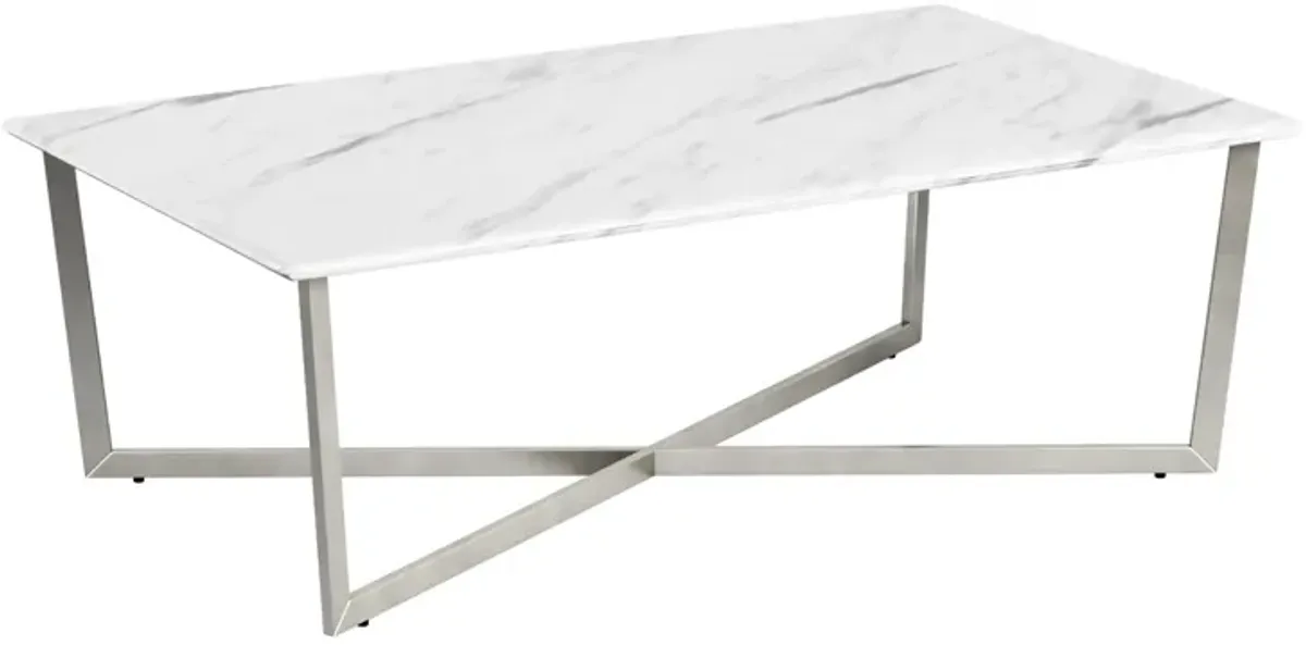 Llona 48" Rectangle Coffee Table in White Marble Melamine with Brushed Stainless Steel Base