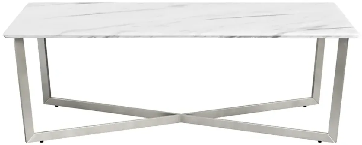 Llona 48" Rectangle Coffee Table in White Marble Melamine with Brushed Stainless Steel Base