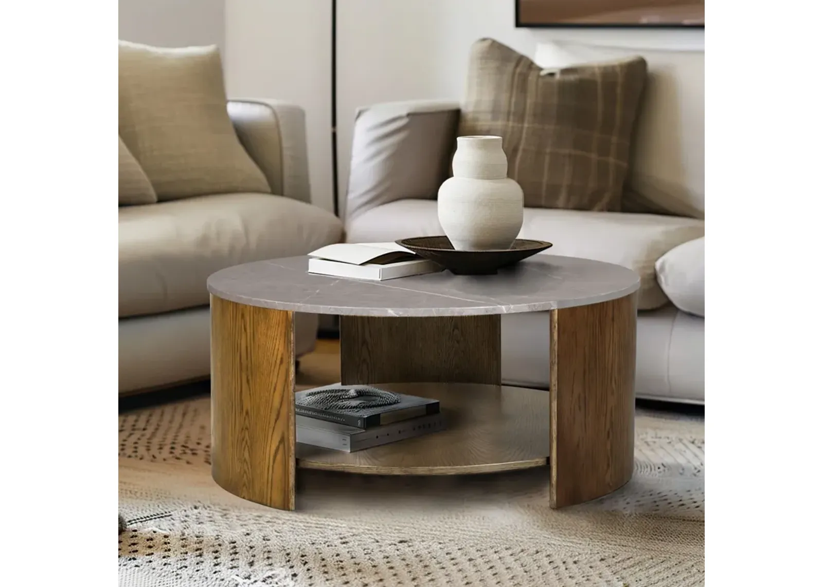 Round Mixed Material Coffee Table with Shelf