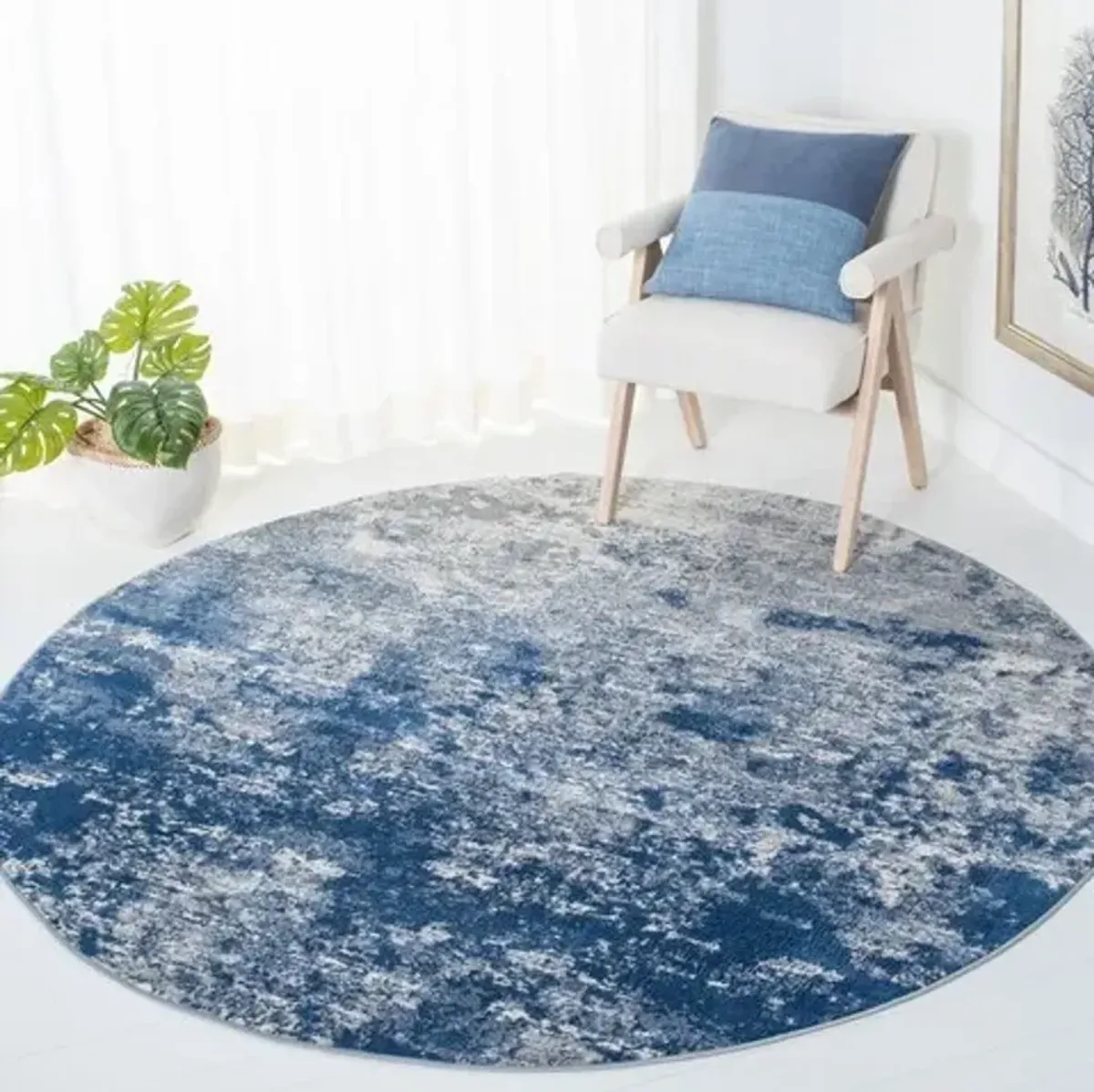 Brentwood 822 Grey / Navy 3' X 3' Round Round Powerloomed Rug