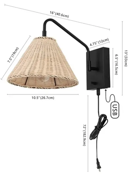 TRESSA, 16 INCH, NATURAL/BLACK, RATTAN/IRON WALL SCONCE SET OF 2 W/ USB PORT?