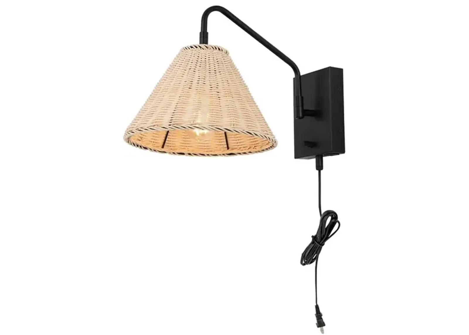 TRESSA, 16 INCH, NATURAL/BLACK, RATTAN/IRON WALL SCONCE SET OF 2 W/ USB PORT?