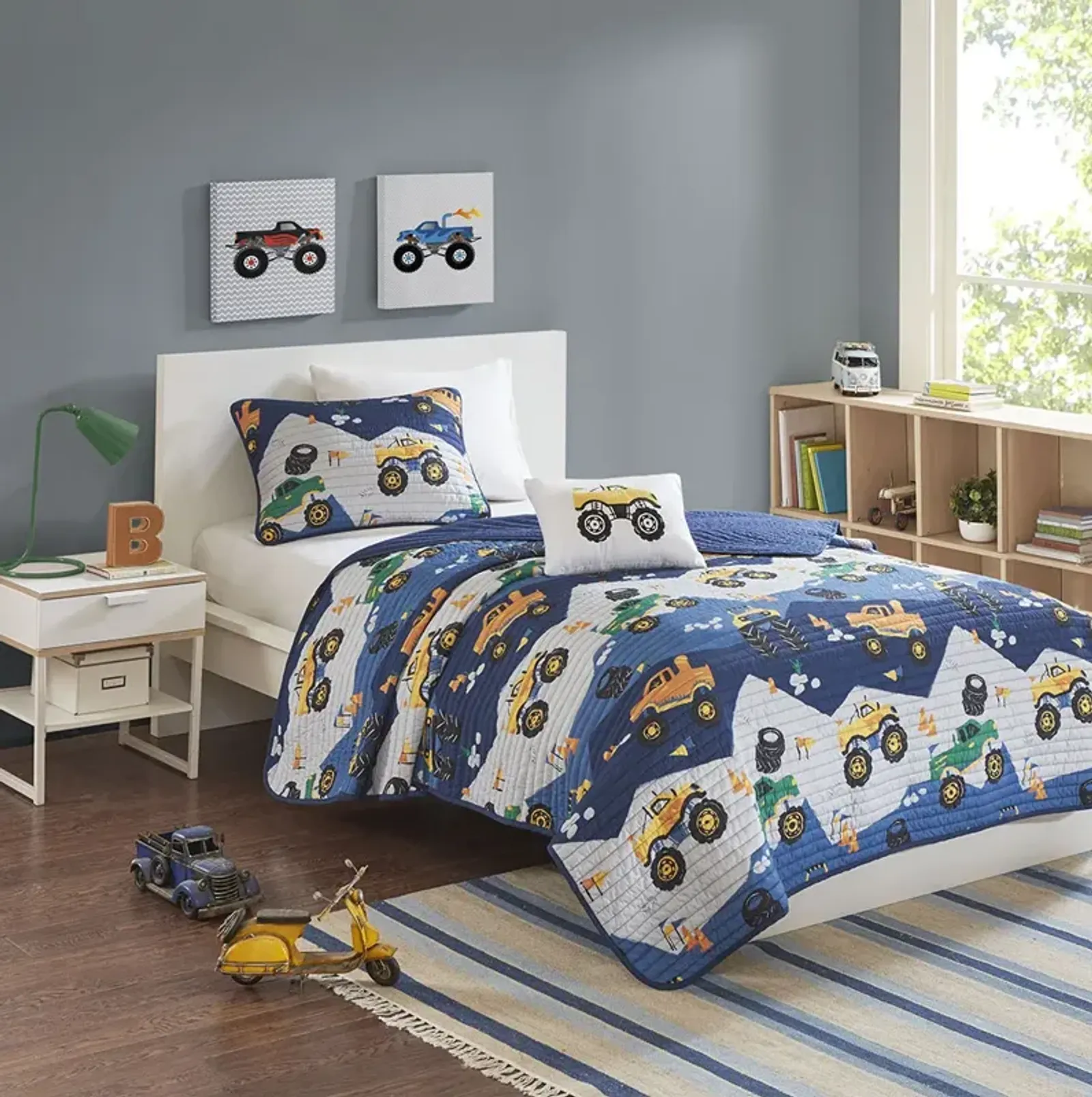 Mi Zone Kids Nash Blue Monster Truck Reversible Quilt Set with Throw Pillow