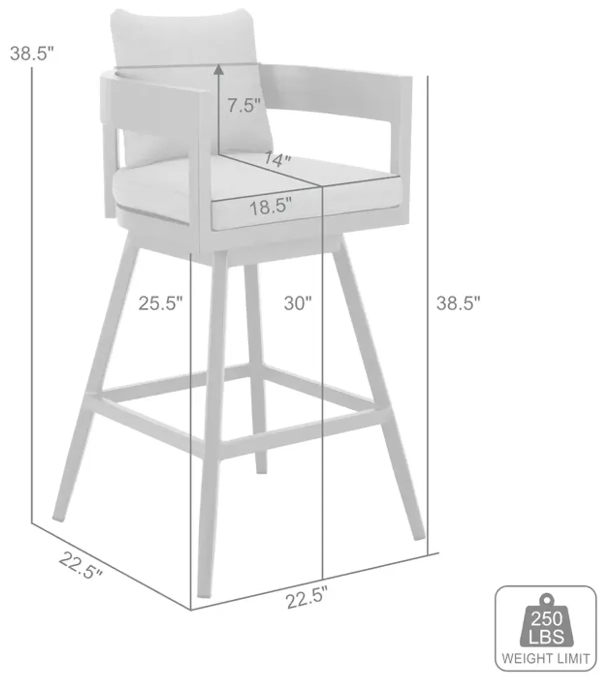 Menorca Outdoor Patio Swivel Bar Stool in Aluminum with Gray Cushions