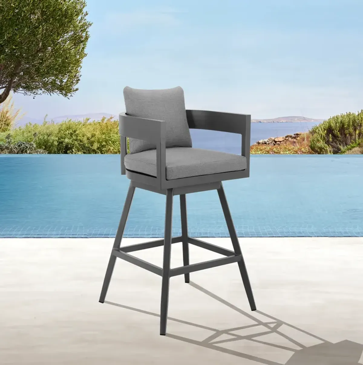 Menorca Outdoor Patio Swivel Bar Stool in Aluminum with Gray Cushions