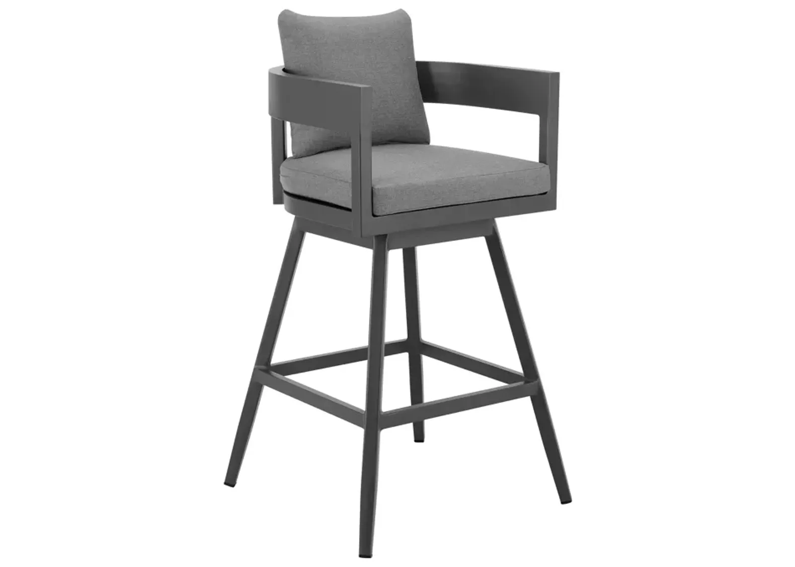 Menorca Outdoor Patio Swivel Bar Stool in Aluminum with Gray Cushions