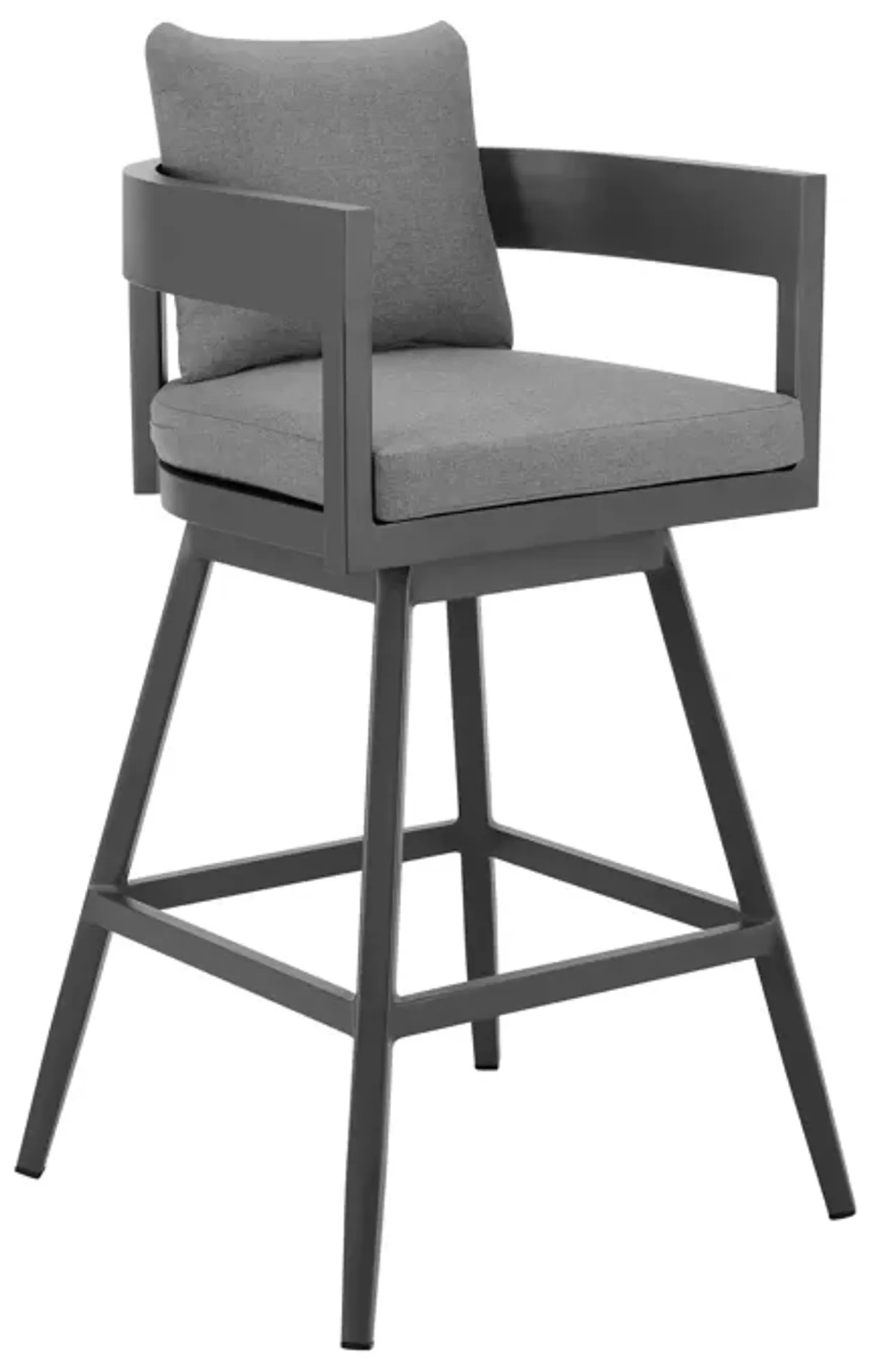 Menorca Outdoor Patio Swivel Bar Stool in Aluminum with Gray Cushions