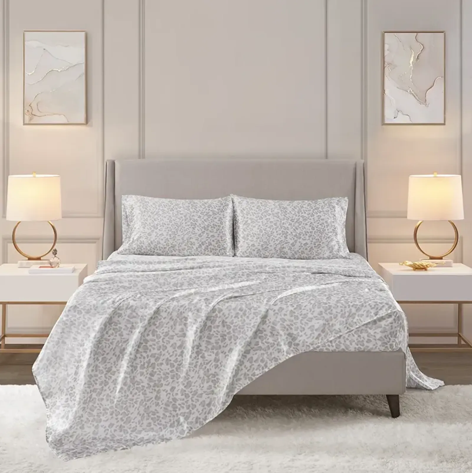 Madison Park Essentials Printed Satin Gray Leopard Sheet Set